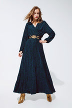 Party Long Sleeve Maxi Dress with Glitter in Green