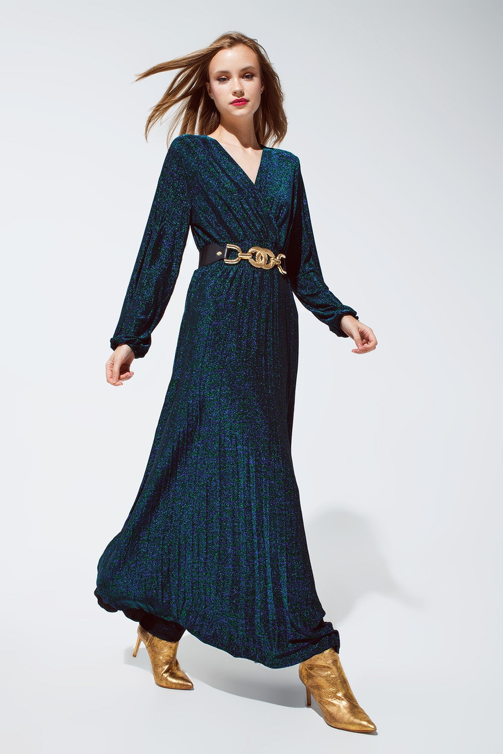 Party Long Sleeve Maxi Dress with Glitter in Green