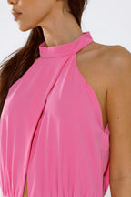 Pink Jumpuits with Top Crossed and High Collar