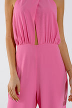 Pink Jumpuits with Top Crossed and High Collar