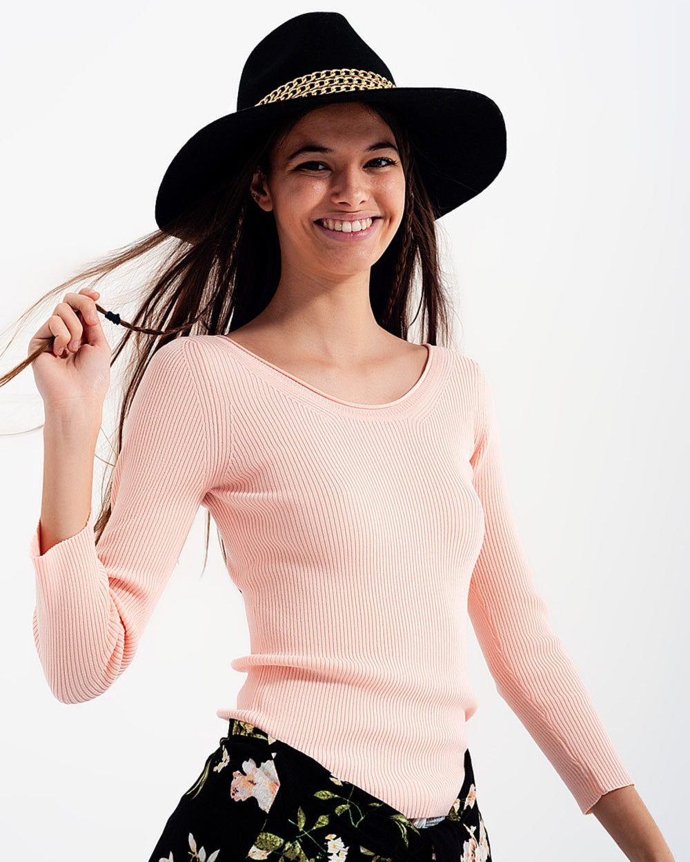 Pink Knitted Wide Neck Sweater