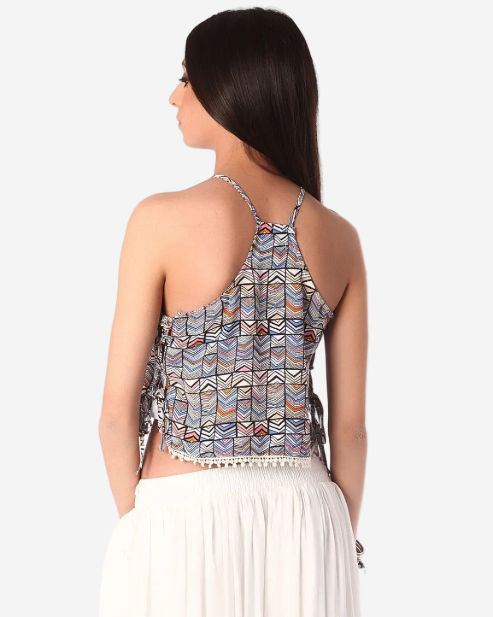 Pink Printed Crop Top with Lace Up Side Detail