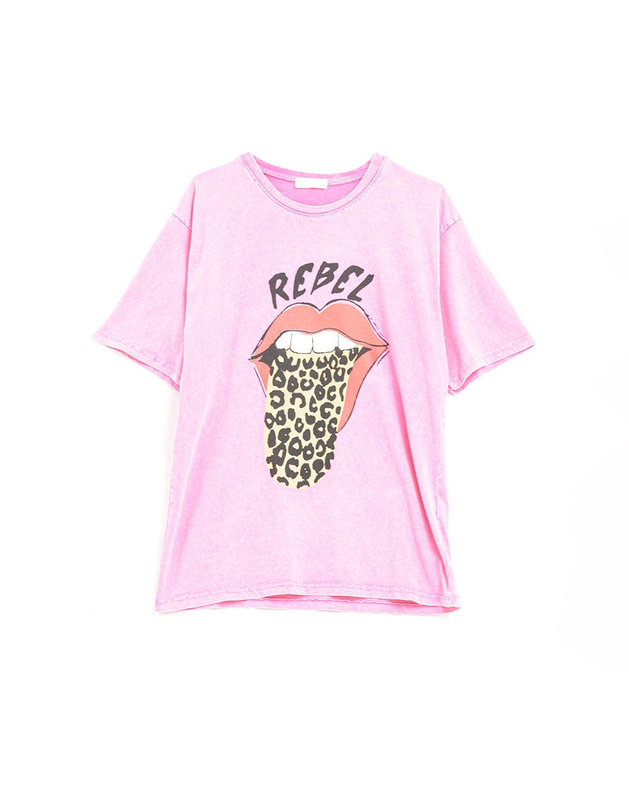 Pink Rebel Graphic Tee with Leopard Print Tongue