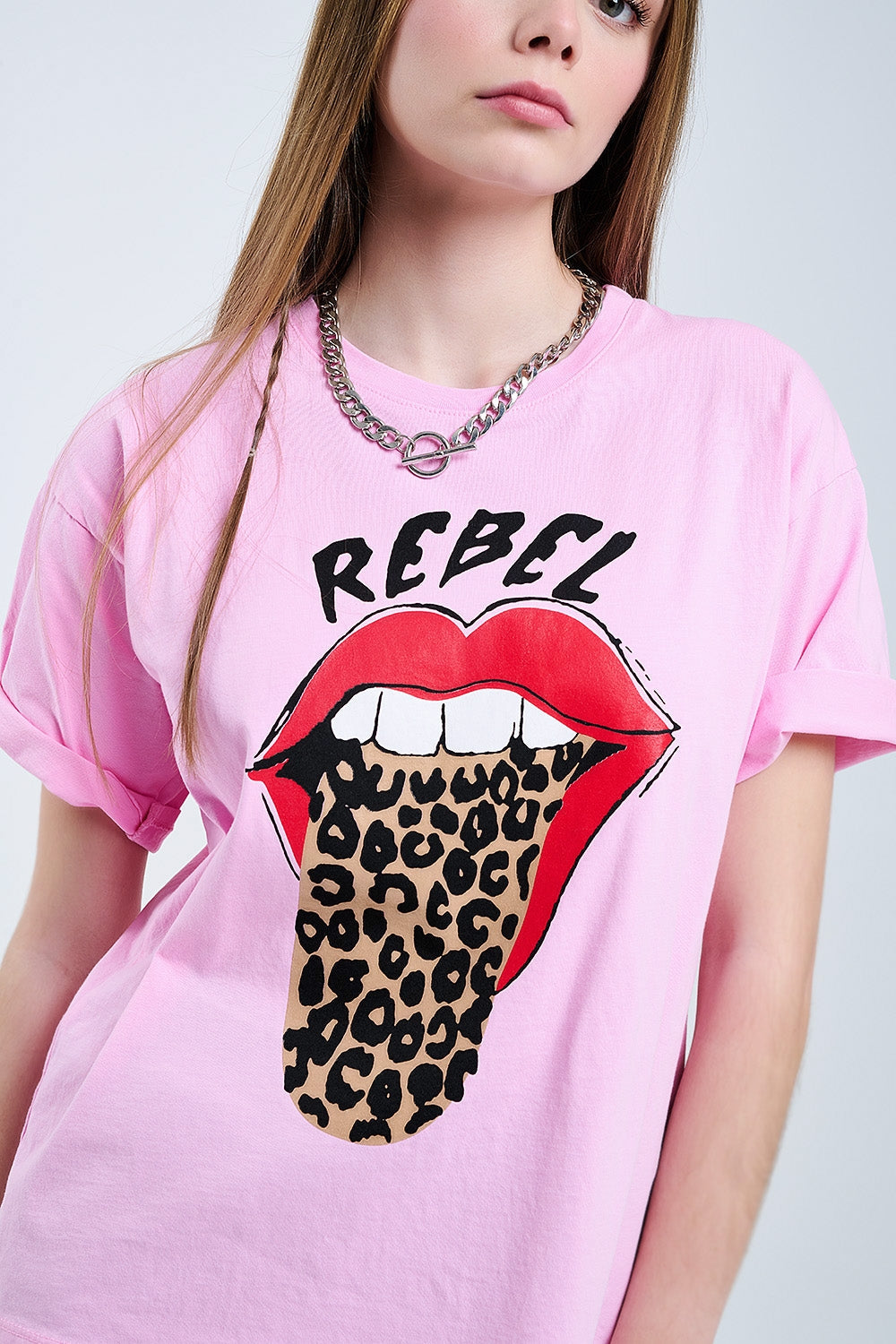 Pink Rebel Graphic Tee with Leopard Print Tongue