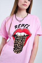 Pink Rebel Graphic Tee with Leopard Print Tongue