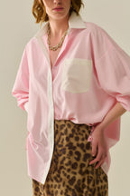 Pink Striped Shirt with Pocket and White Collar