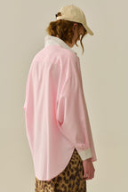 Pink Striped Shirt with Pocket and White Collar