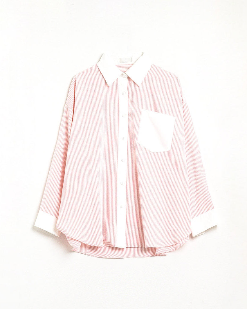 Pink Striped Shirt with Pocket and White Collar