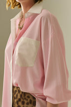 Pink Striped Shirt with Pocket and White Collar