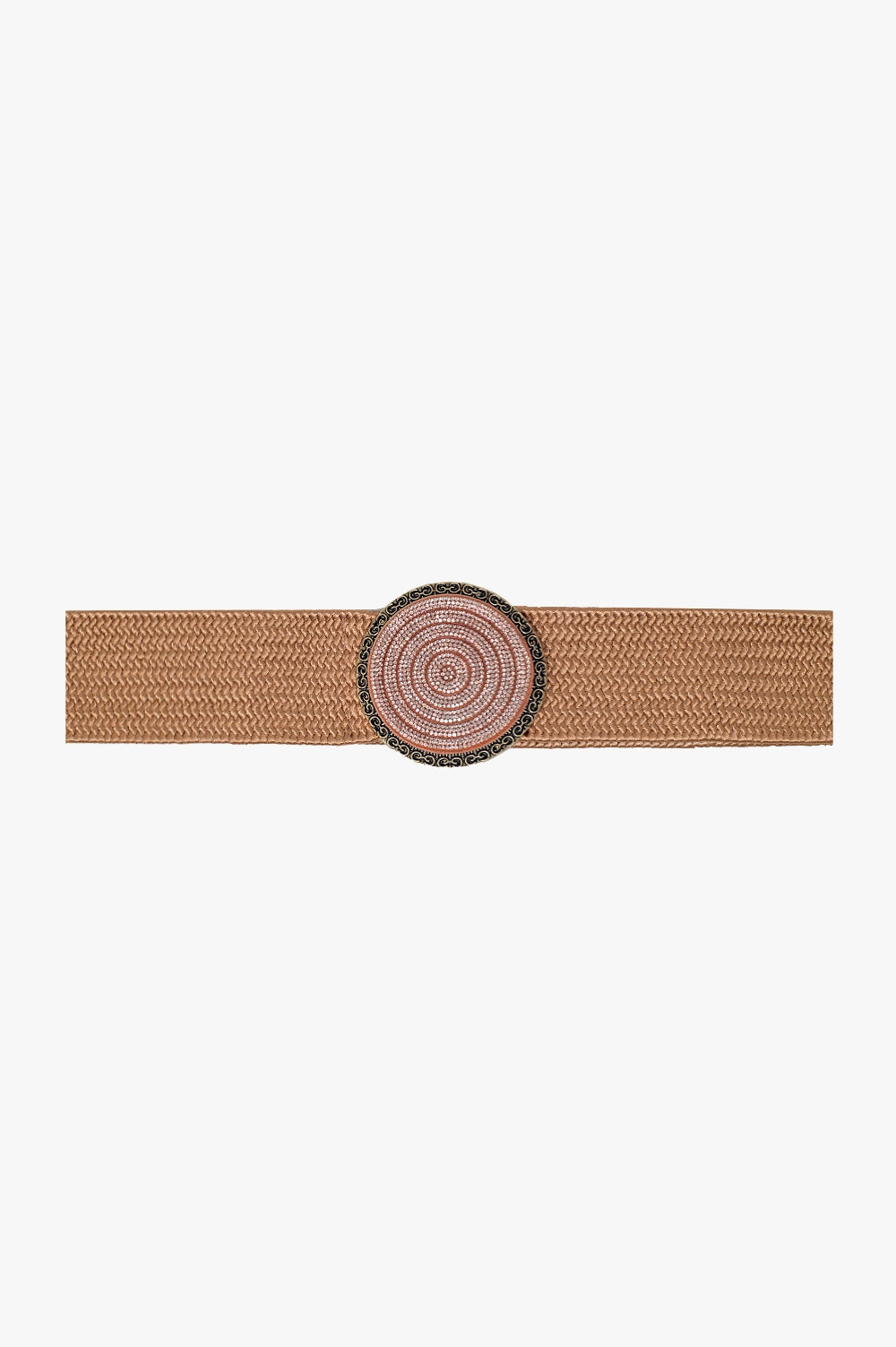 Pink Woven Belt with Round Buckle and Rhinestones