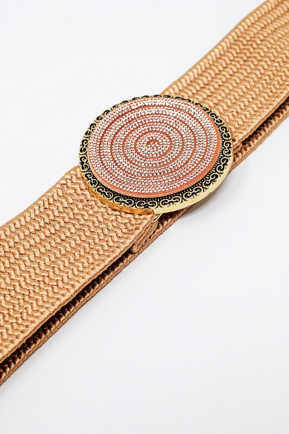 Pink Woven Belt with Round Buckle and Rhinestones