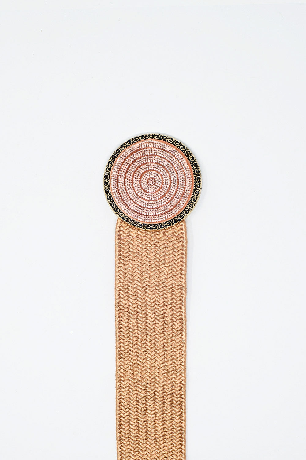Pink Woven Belt with Round Buckle and Rhinestones