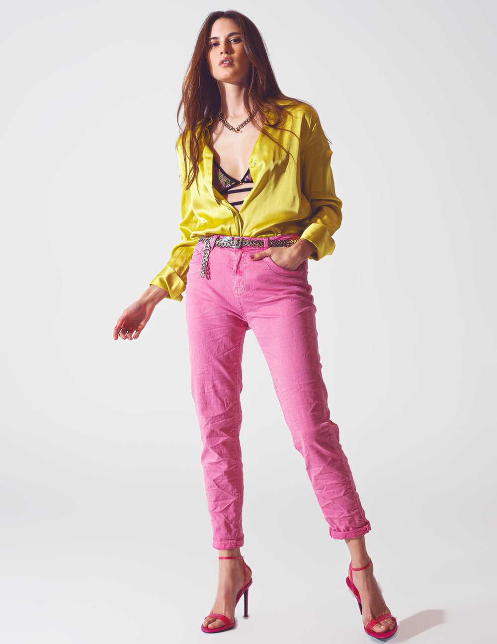 Pink Wrinkled Skinny Jeans