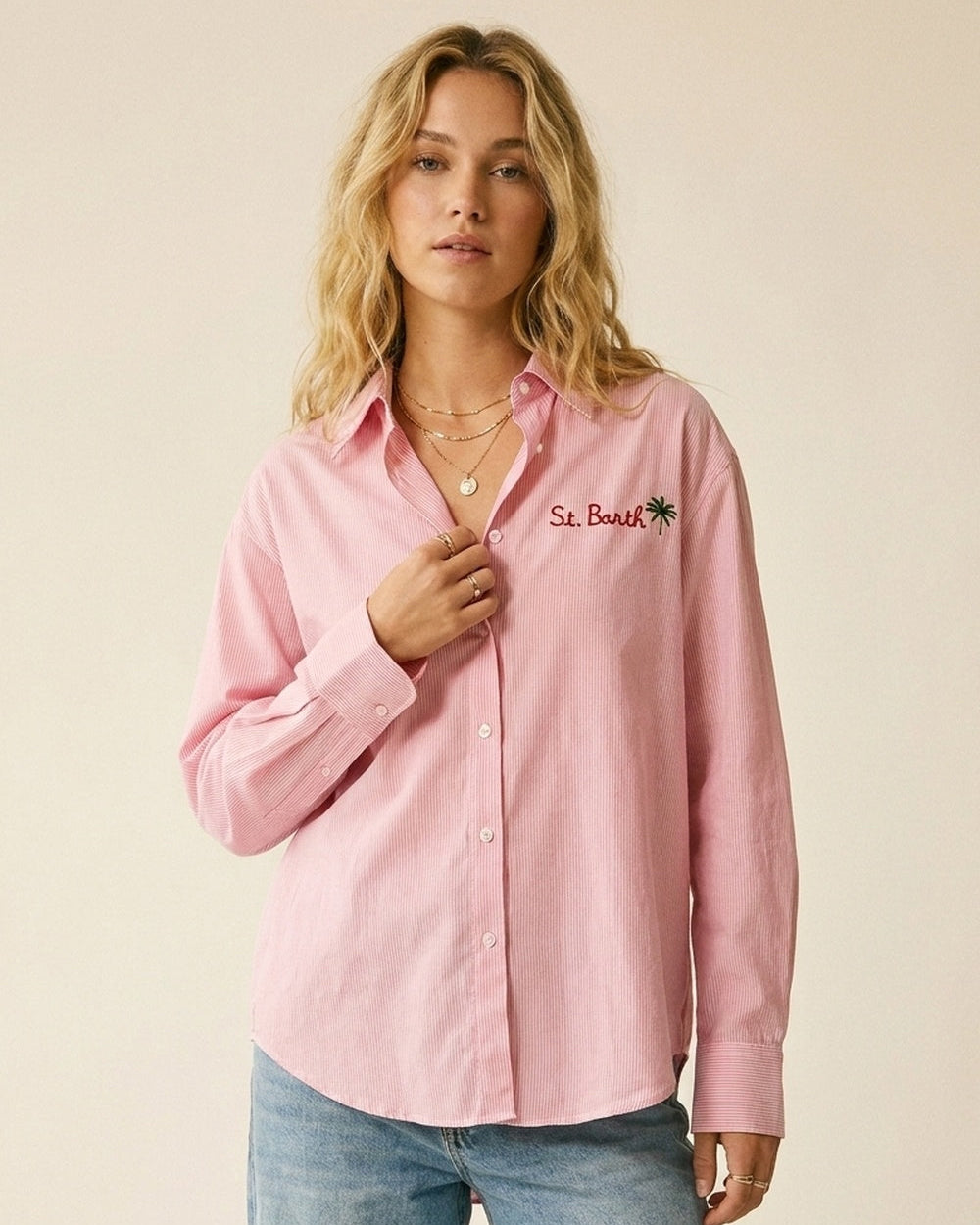 Pink Button-Up Striped Shirt with Embroidered Detail St Barth