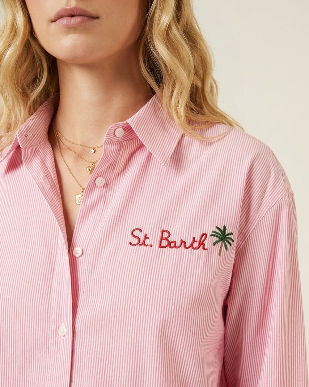 Pink Button-Up Striped Shirt with Embroidered Detail St Barth
