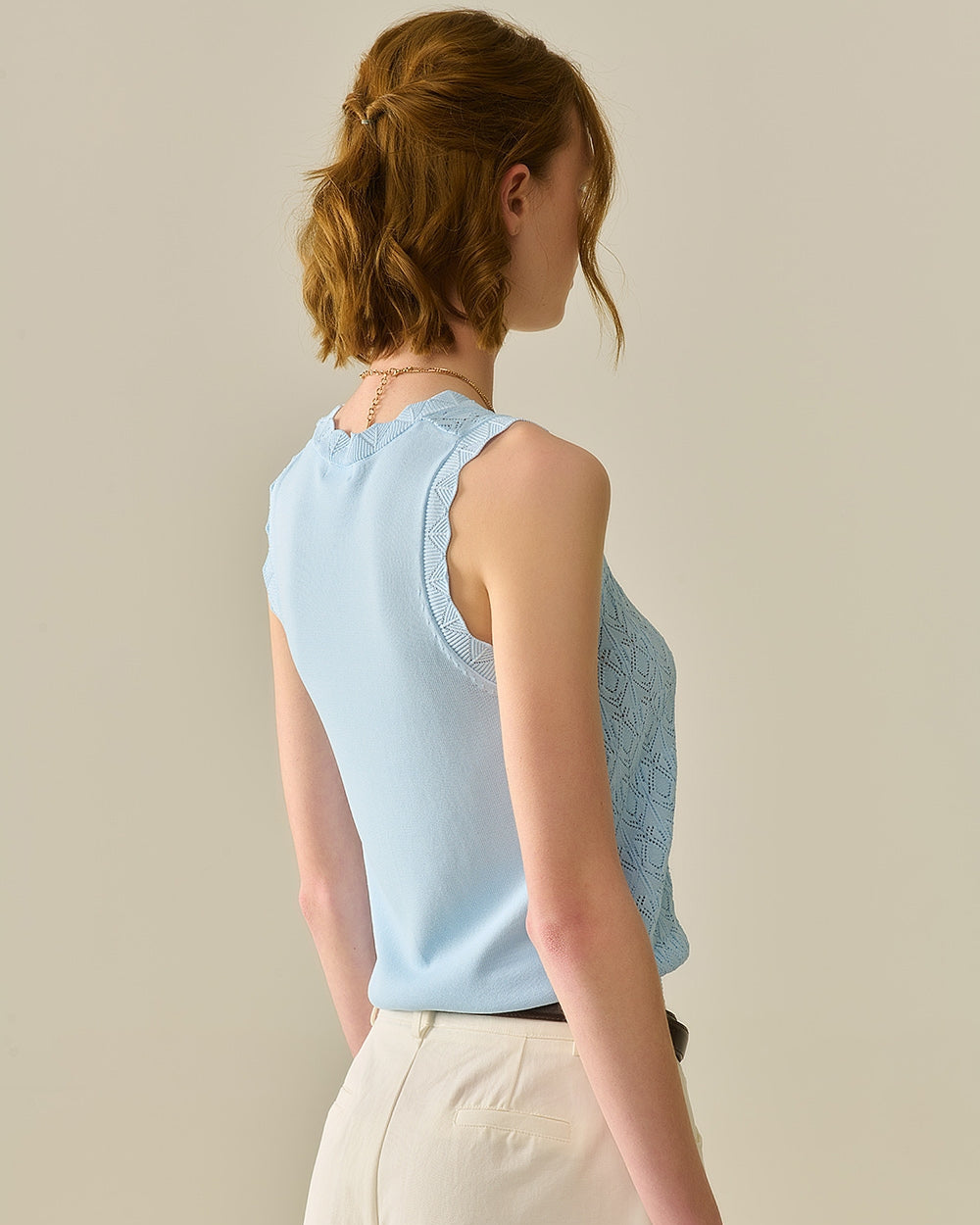 Pointelle Knitted Vest with Scalloped Edges in Baby Blue