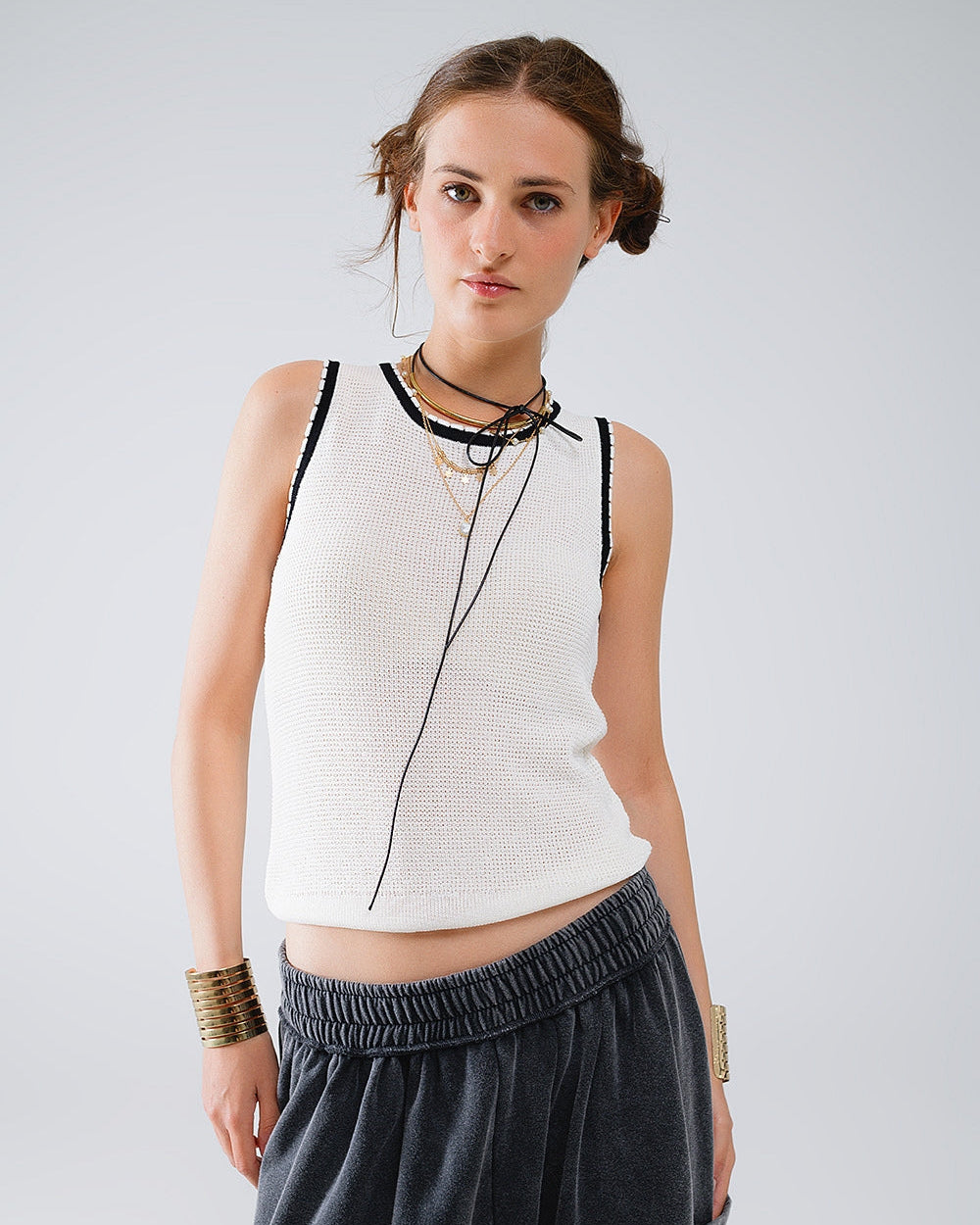 Pointelle White Sleeveless Top with Black and White Trim Detail