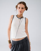 Pointelle White Sleeveless Top with Black and White Trim Detail