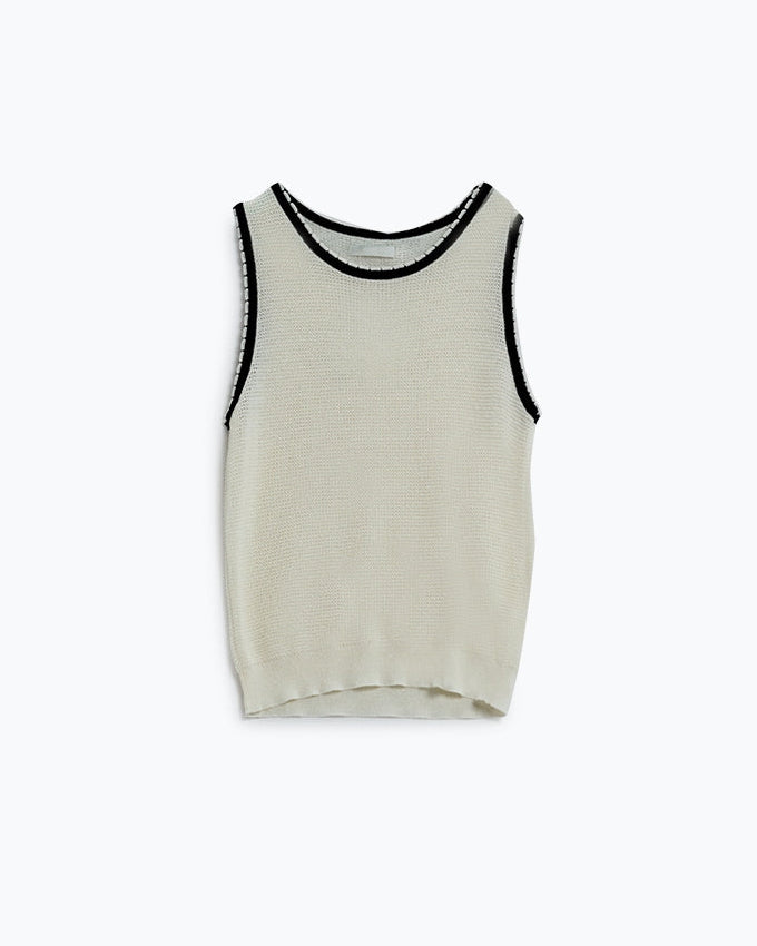 Pointelle White Sleeveless Top with Black and White Trim Detail