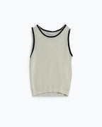 Pointelle White Sleeveless Top with Black and White Trim Detail