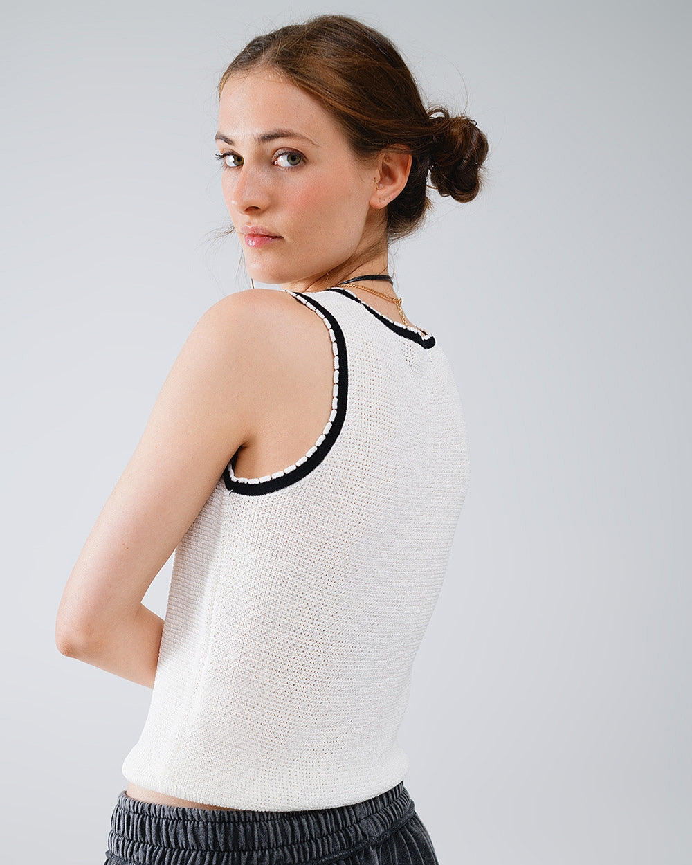 Pointelle White Sleeveless Top with Black and White Trim Detail