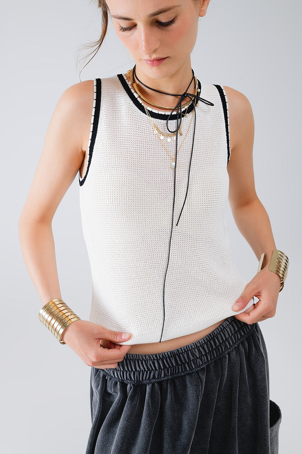 Pointelle White Sleeveless Top with Black and White Trim Detail