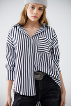 Poplin Shirt with Vertical Stripes in Black and Chest Pocket