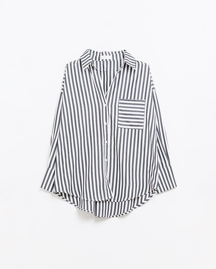 Poplin Shirt with Vertical Stripes in Black and Chest Pocket