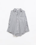 Poplin Shirt with Vertical Stripes in Black and Chest Pocket