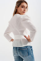 Puff Sleeve Wrap Front Top with Belt Detail in White