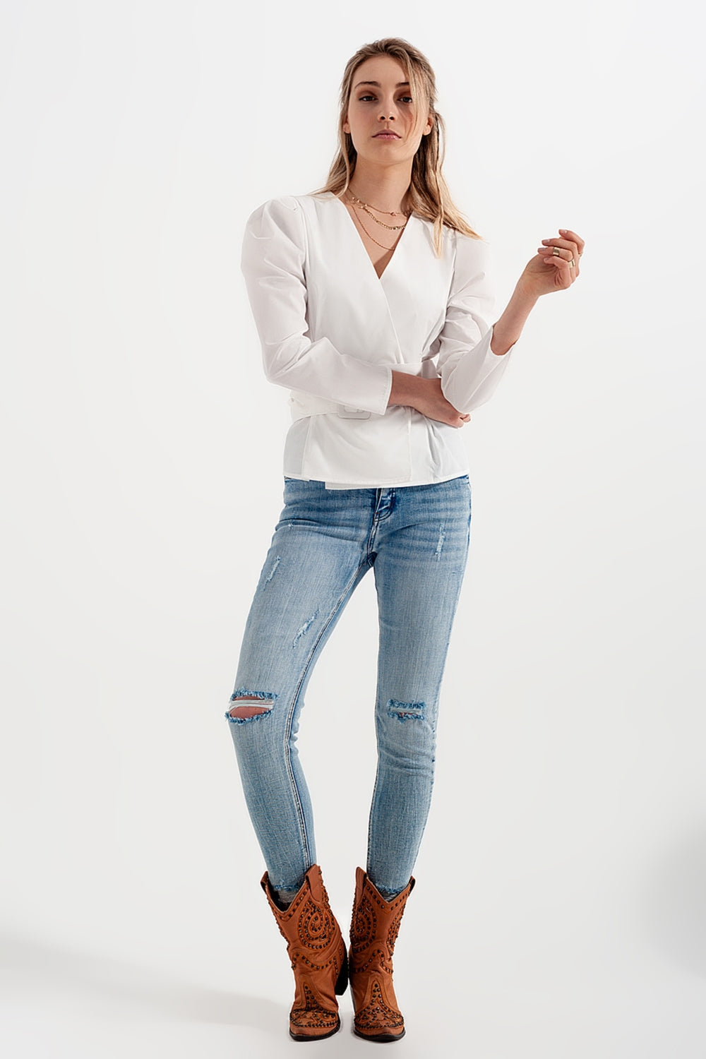 Puff Sleeve Wrap Front Top with Belt Detail in White