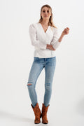 Puff Sleeve Wrap Front Top with Belt Detail in White