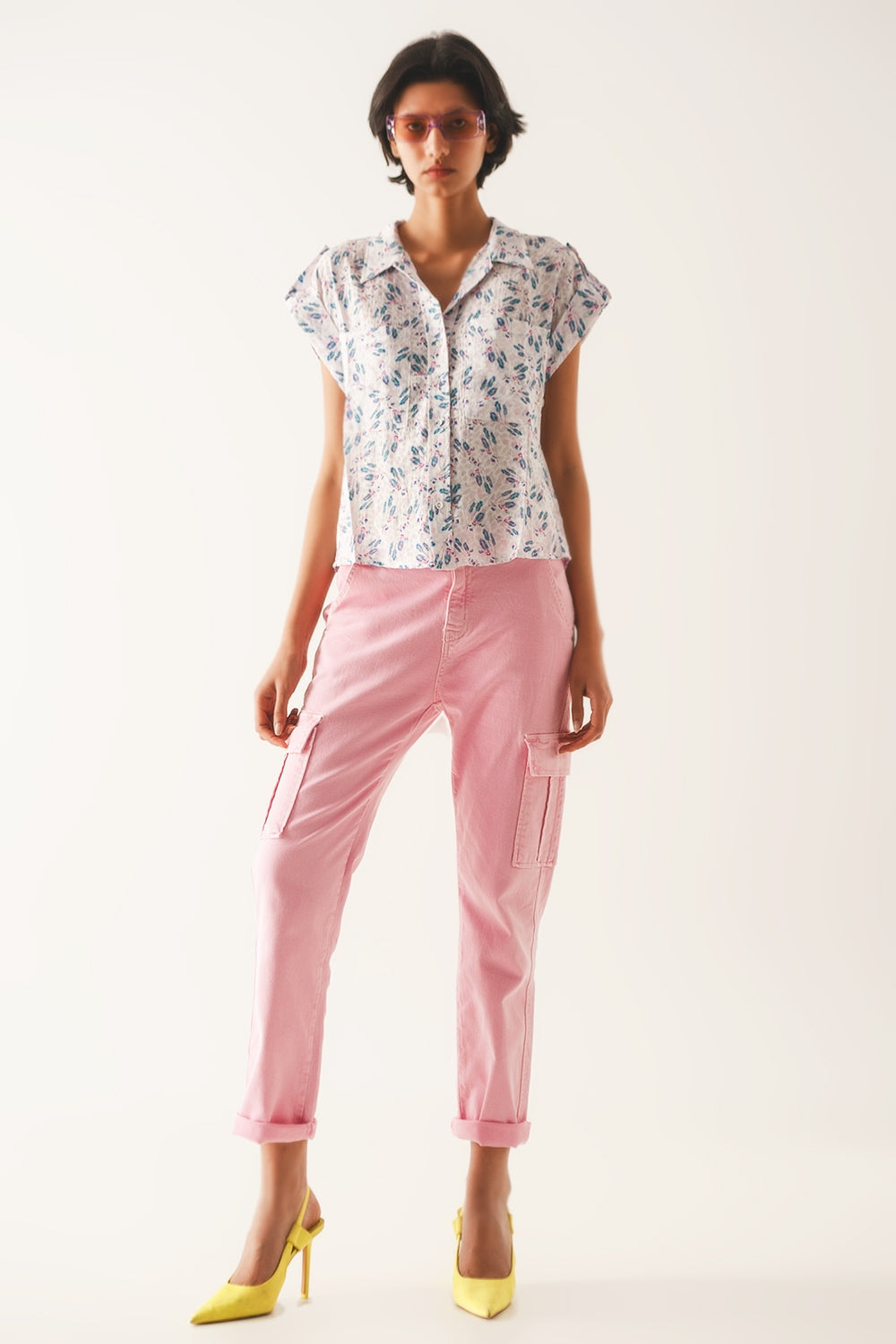 Purple Blouse with Pockets and Floral Print