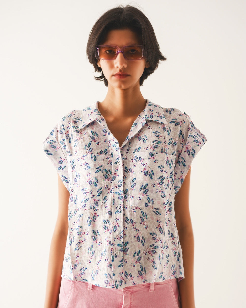 Purple Blouse with Pockets and Floral Print