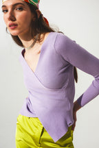 Purple Ribbed V-Neck Sweater