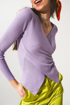 Purple Ribbed V-Neck Sweater