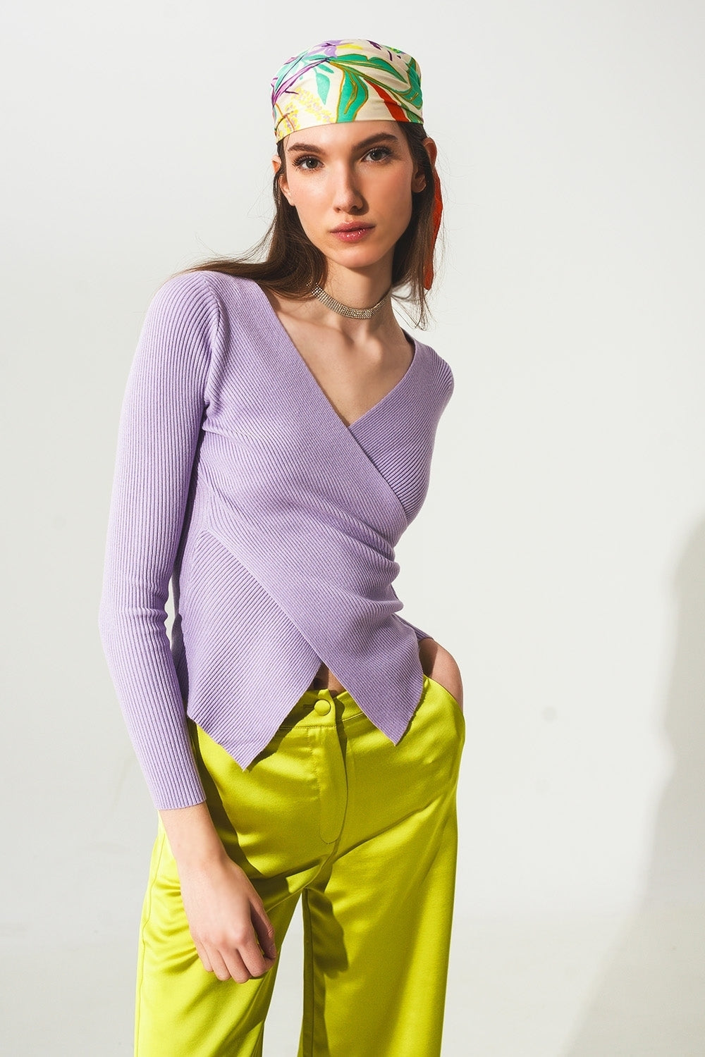 Purple Ribbed V-Neck Sweater