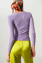Purple Ribbed V-Neck Sweater