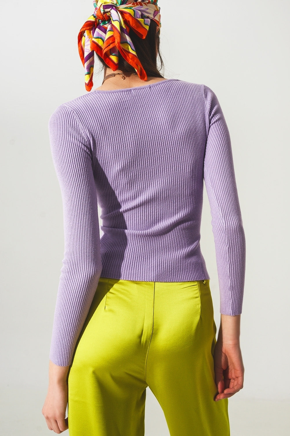 Purple Ribbed V-Neck Sweater