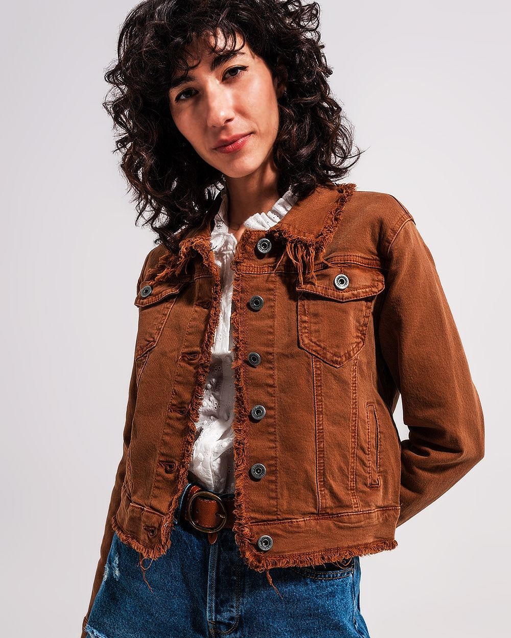 Raw Edge Denim Jacket in Brown