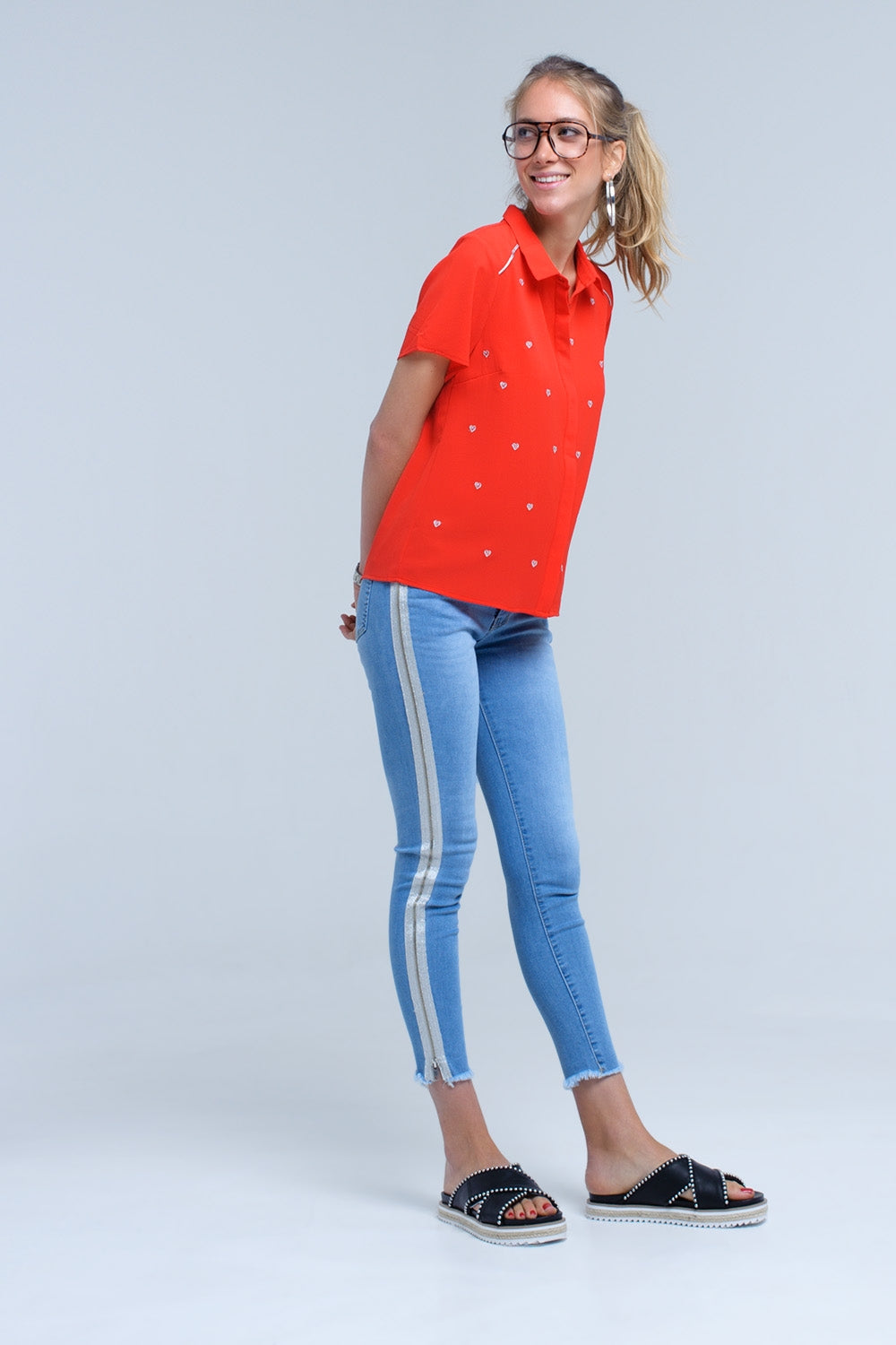 Red Shirt with Heart Embroidery