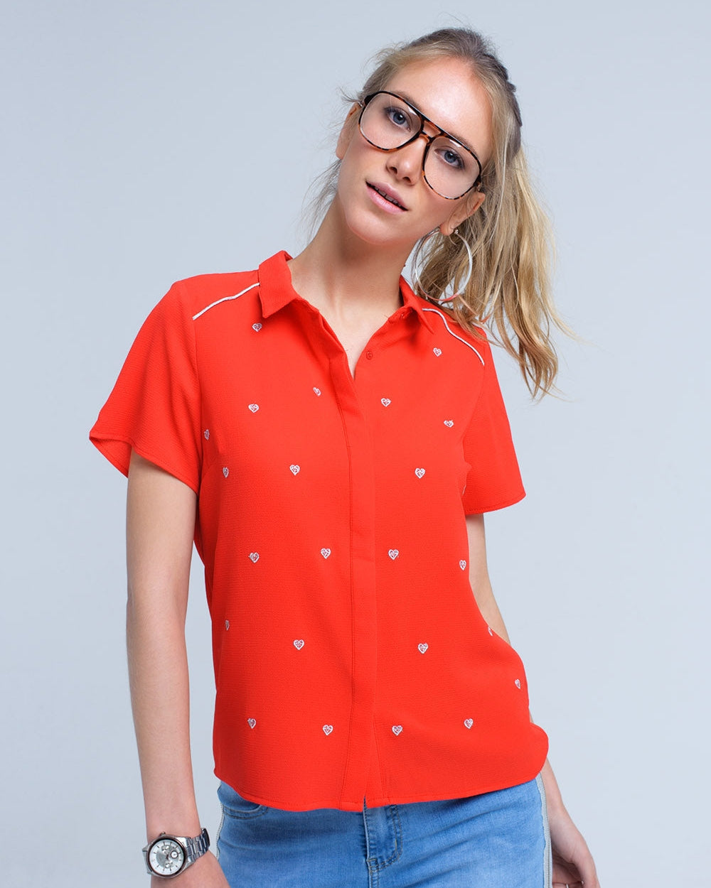 Red Shirt with Heart Embroidery