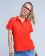 Red Shirt with Heart Embroidery