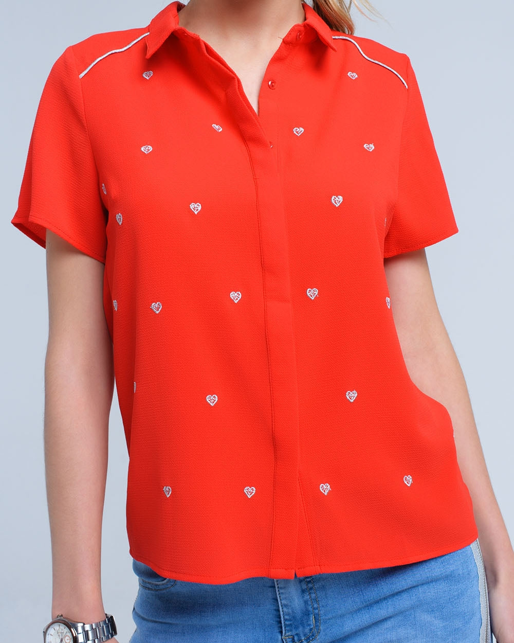 Red Shirt with Heart Embroidery