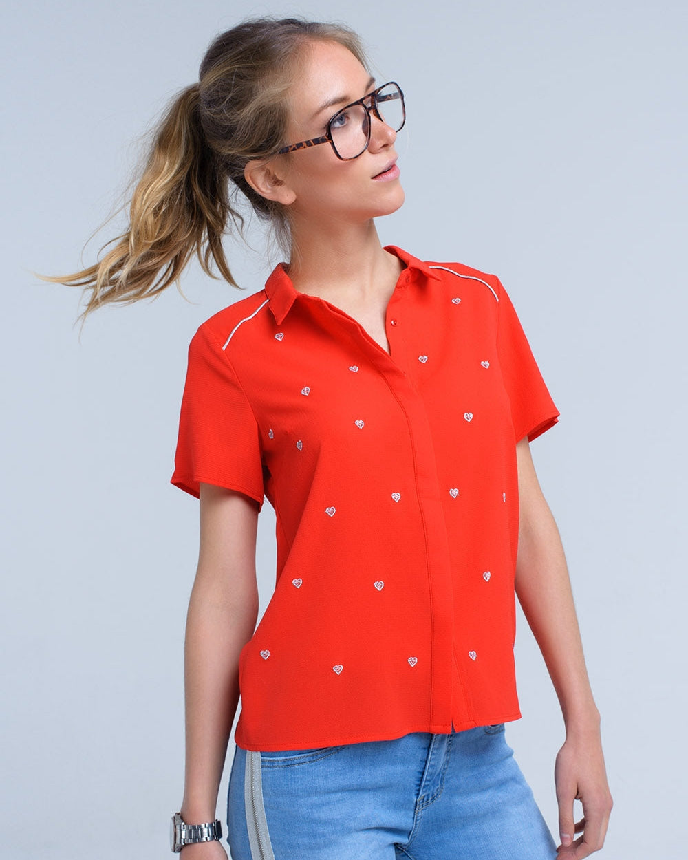 Red Shirt with Heart Embroidery