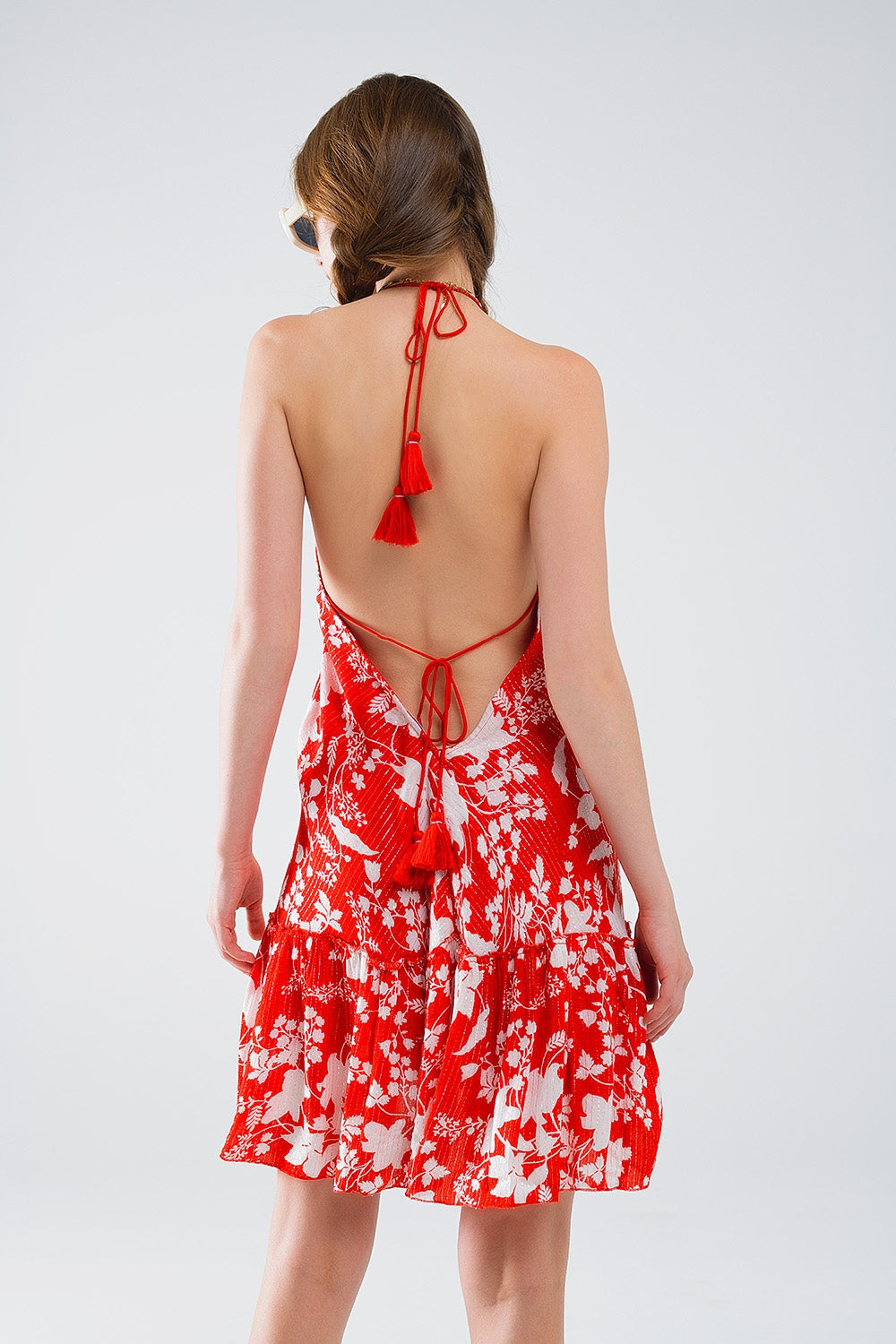 Red Short Boho Flower Print Dress with Lurex Detail