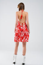 Red Short Boho Flower Print Dress with Lurex Detail