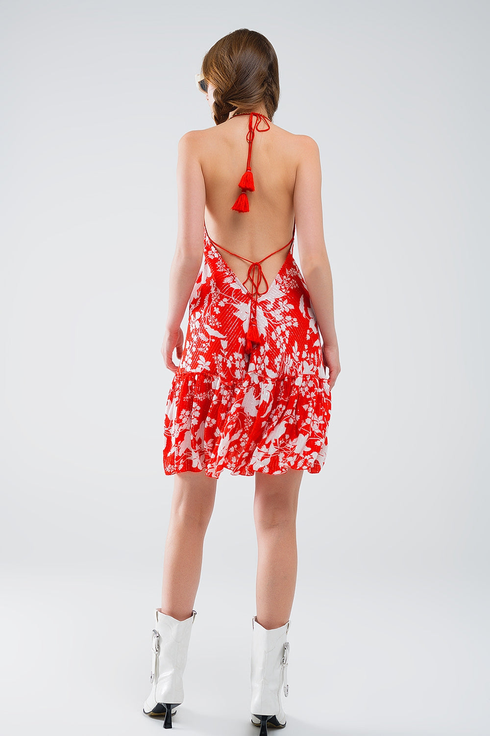 Red Short Boho Flower Print Dress with Lurex Detail