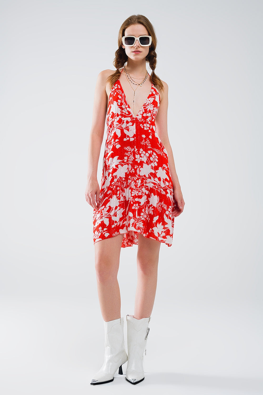 Red Short Boho Flower Print Dress with Lurex Detail