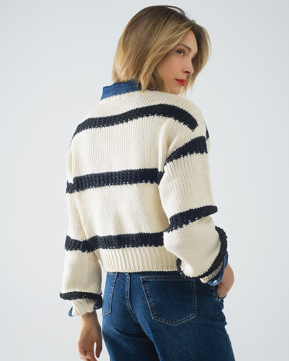 Relaxed Beige Jumper with Black Stripes